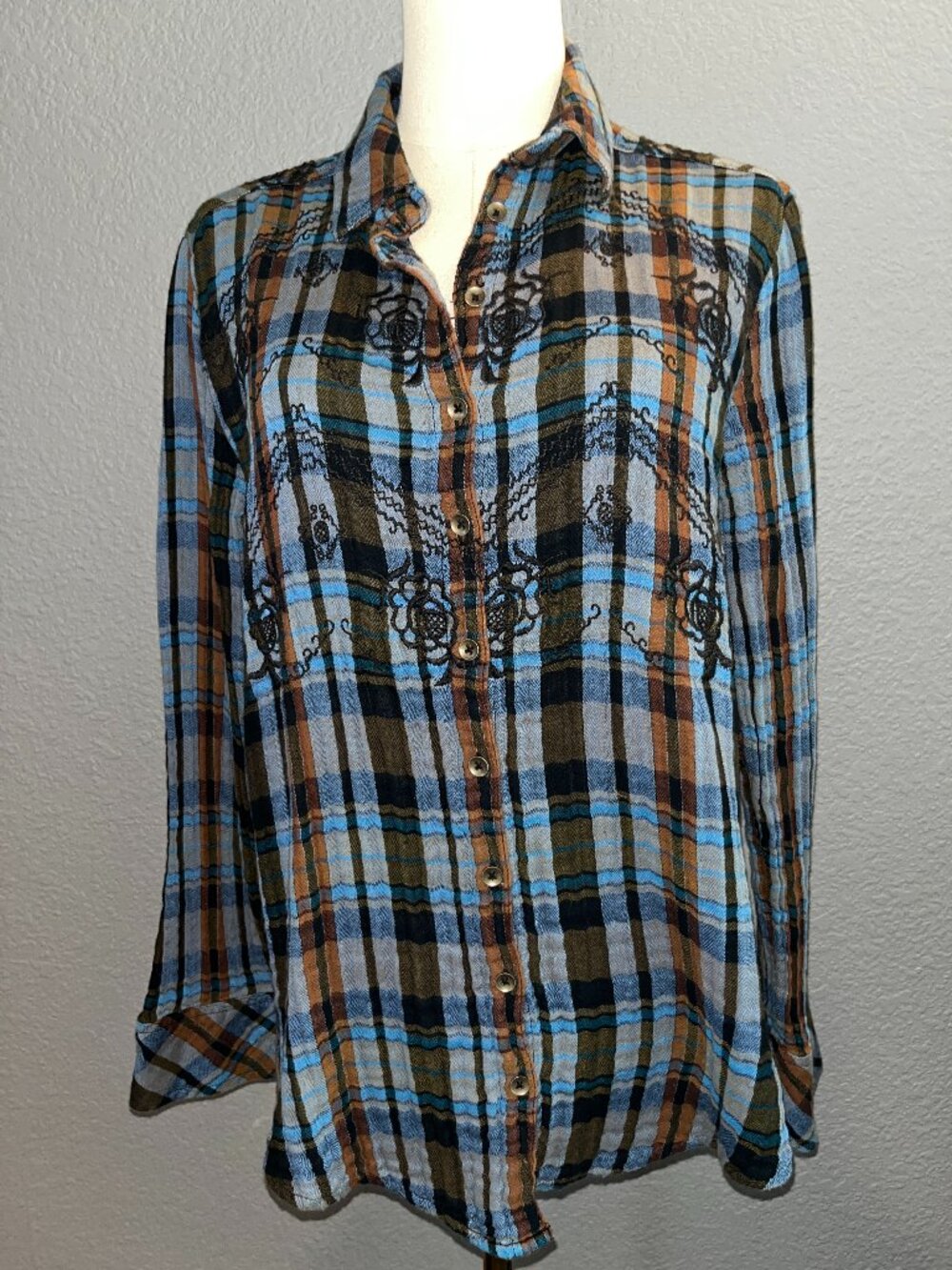 Free People Magical Plaid Embroidered Western Boho Button Down Top Shirt EUC - S